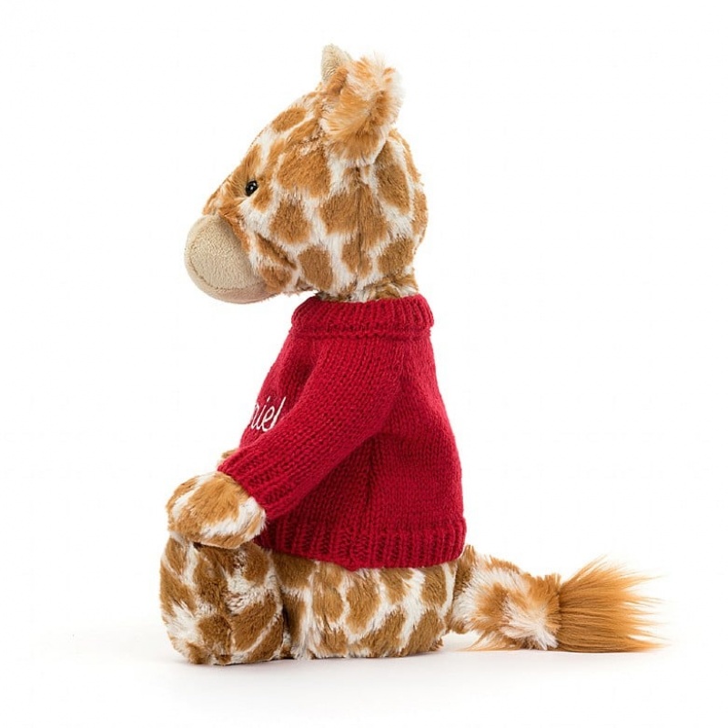 Medium Jellycat Bashful Giraffe with Personalised Red Jumper USA | 52NRFXVSE