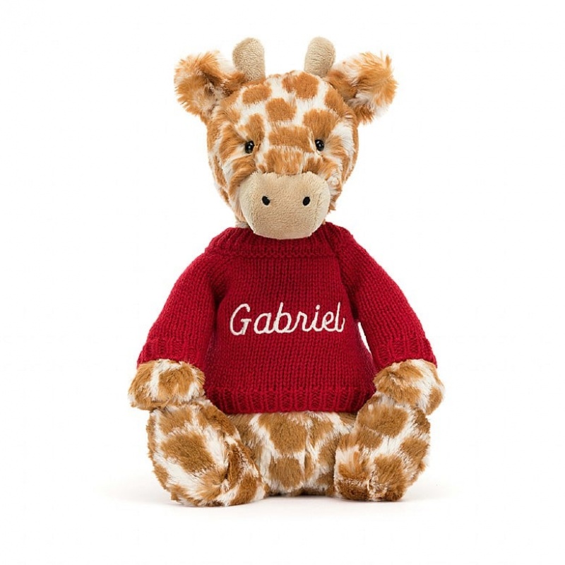 Medium Jellycat Bashful Giraffe with Personalised Red Jumper USA | 52NRFXVSE