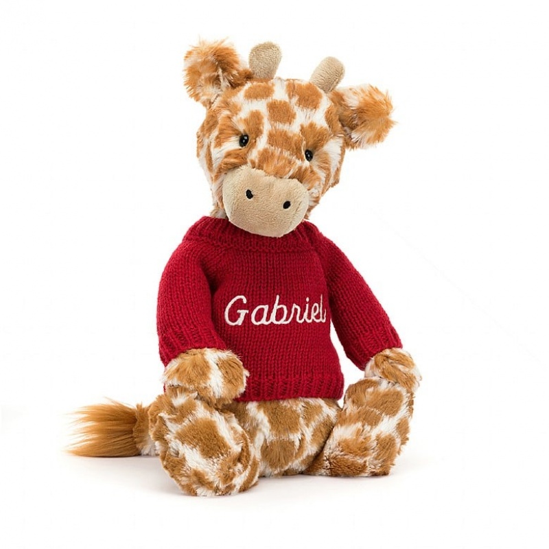 Medium Jellycat Bashful Giraffe with Personalised Red Jumper USA | 52NRFXVSE