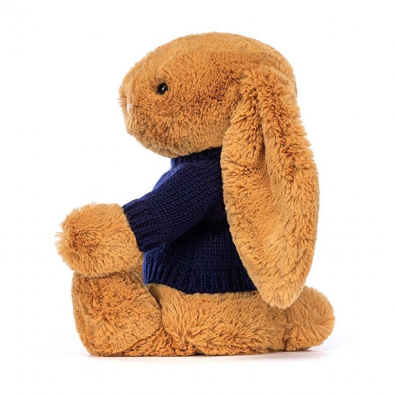 Medium Jellycat Bashful Golden Bunny with Personalised Navy Jumper USA | 59CMDFKBH