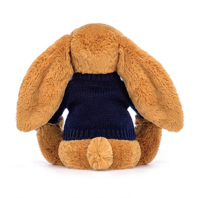 Medium Jellycat Bashful Golden Bunny with Personalised Navy Jumper USA | 59CMDFKBH