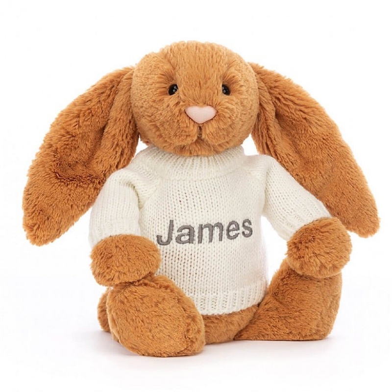 Medium Jellycat Bashful Golden Bunny with Personalised Cream Jumper Clearance | 95KEHOBWC