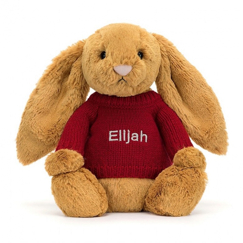 Medium Jellycat Bashful Golden Bunny with Personalised Red Jumper | 81SPABUHW