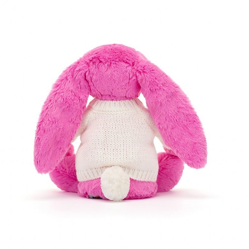 Medium Jellycat Bashful Hot Pink Bunny with Personalised Cream Jumper | 36VZJFYSG