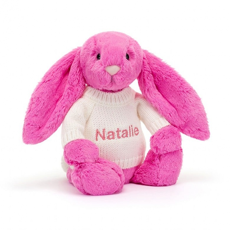 Medium Jellycat Bashful Hot Pink Bunny with Personalised Cream Jumper | 36VZJFYSG