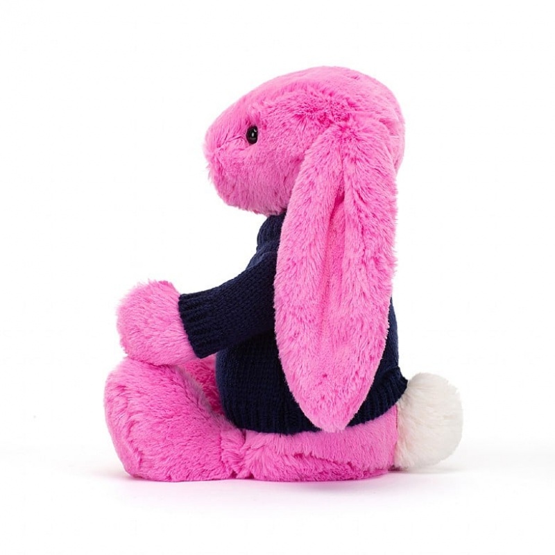 Medium Jellycat Bashful Hot Pink Bunny with Personalised Navy Jumper | 14ESNCIJL