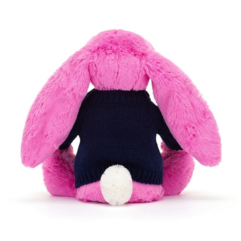 Medium Jellycat Bashful Hot Pink Bunny with Personalised Navy Jumper | 14ESNCIJL