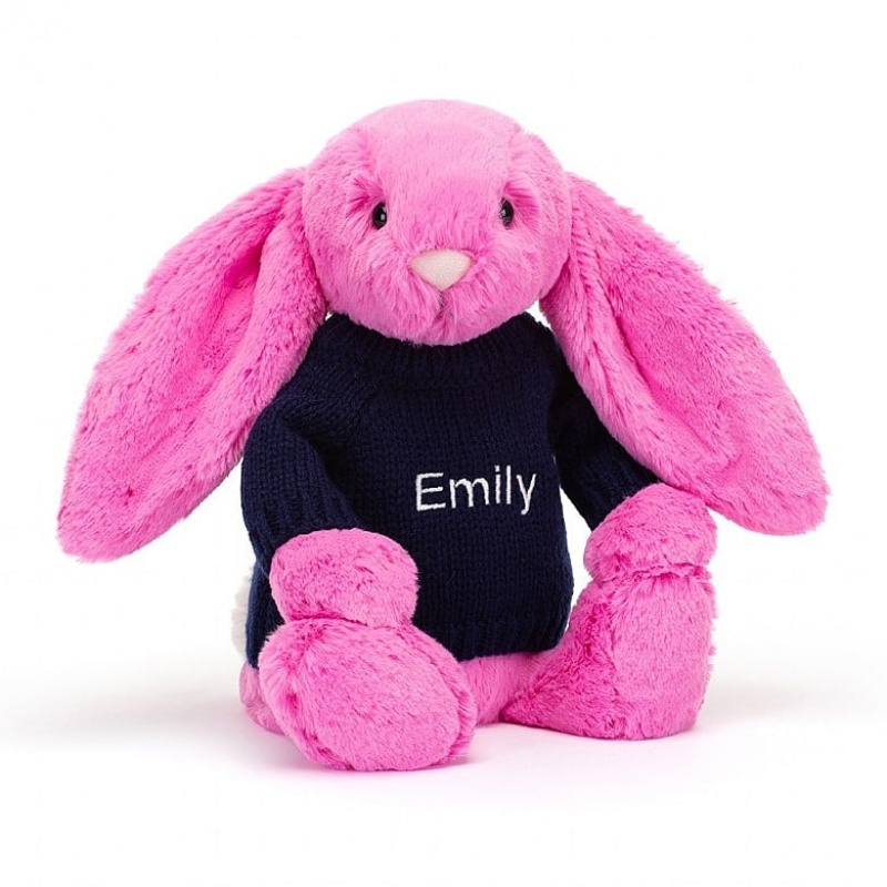 Medium Jellycat Bashful Hot Pink Bunny with Personalised Navy Jumper | 14ESNCIJL