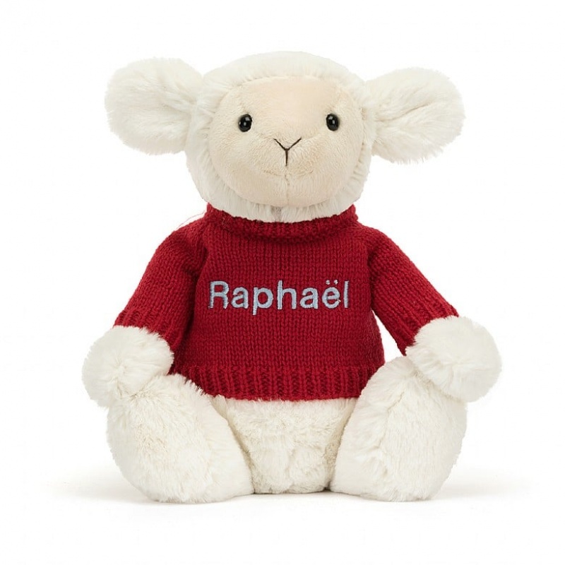 Medium Jellycat Bashful Lamb with Personalied Red Jumper | 18HSRLKAO