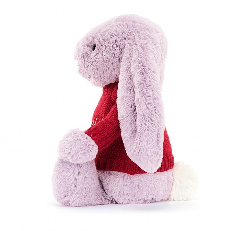 Medium Jellycat Bashful Lilac Bunny with Personalised Red Jumper | 34ANYCTQJ