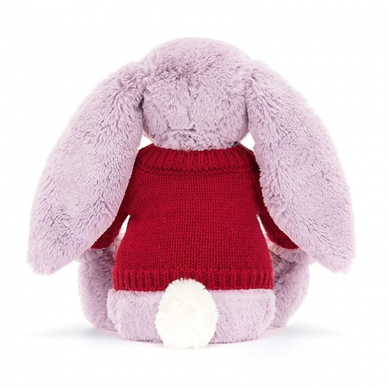 Medium Jellycat Bashful Lilac Bunny with Personalised Red Jumper | 34ANYCTQJ