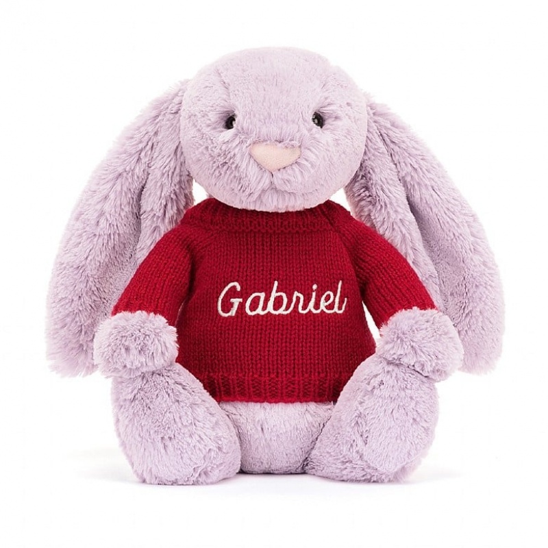 Medium Jellycat Bashful Lilac Bunny with Personalised Red Jumper | 34ANYCTQJ