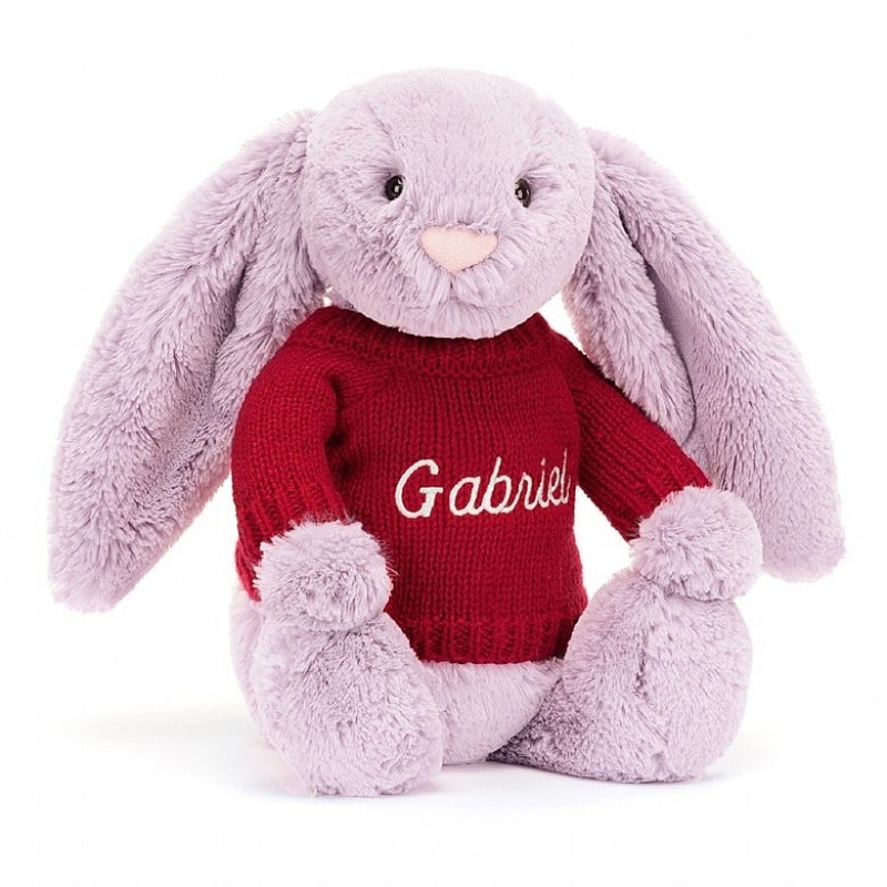 Medium Jellycat Bashful Lilac Bunny with Personalised Red Jumper | 34ANYCTQJ