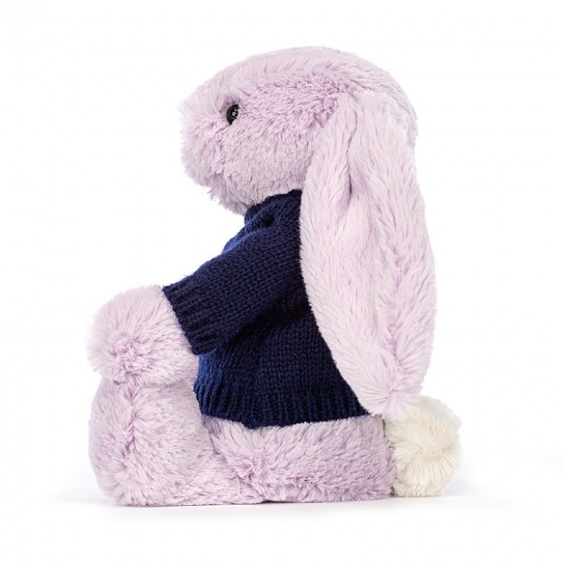 Medium Jellycat Bashful Lilac Bunny with Personalised Navy Jumper | 31FZHXREM