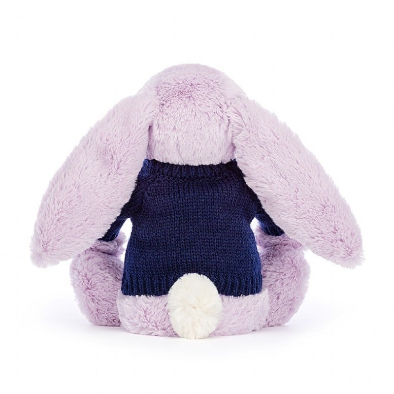 Medium Jellycat Bashful Lilac Bunny with Personalised Navy Jumper | 31FZHXREM