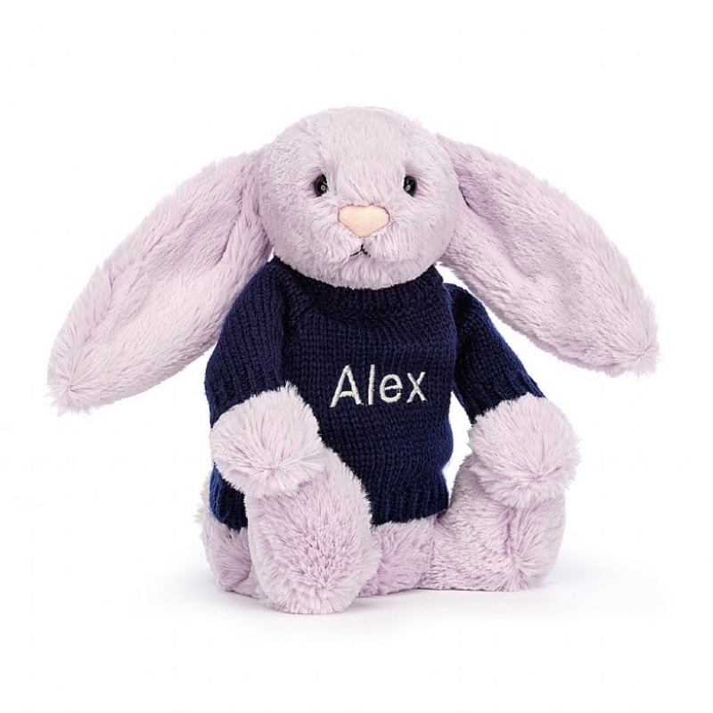 Medium Jellycat Bashful Lilac Bunny with Personalised Navy Jumper | 61NPCHRUX