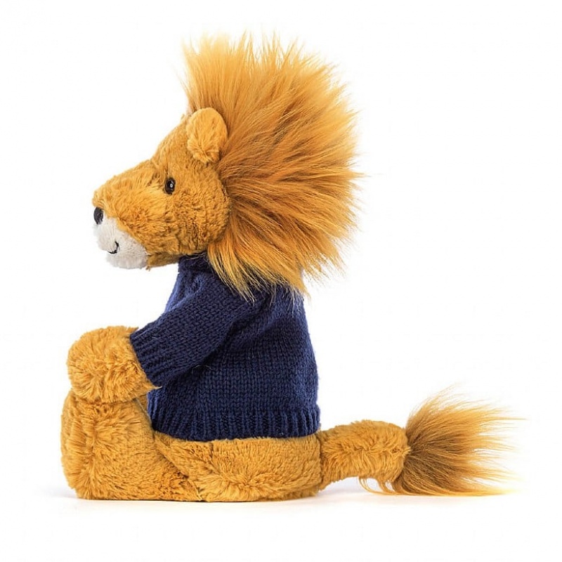 Medium Jellycat Bashful Lion with Personalised Navy Jumper | 65XBUNJLR