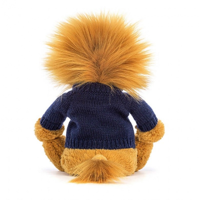 Medium Jellycat Bashful Lion with Personalised Navy Jumper | 65XBUNJLR