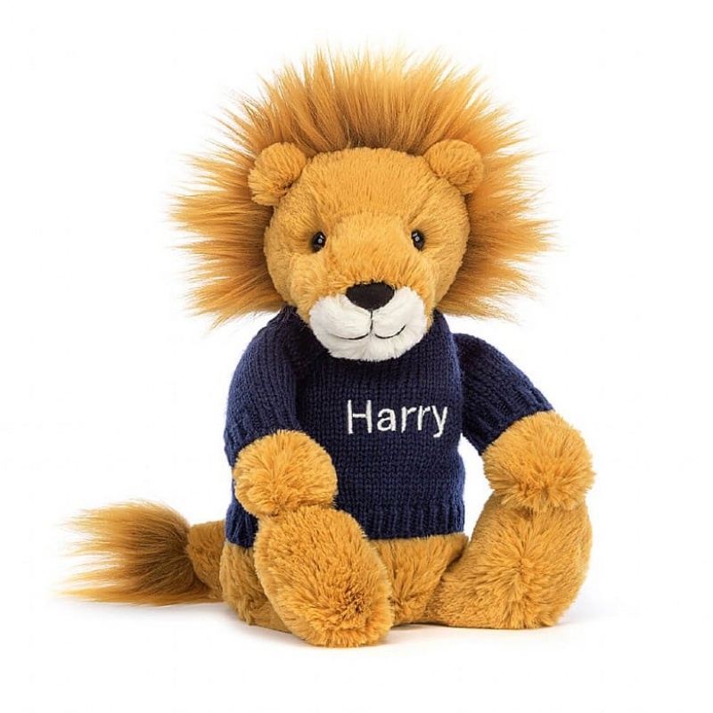 Medium Jellycat Bashful Lion with Personalised Navy Jumper | 65XBUNJLR