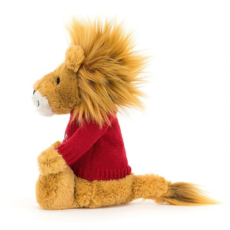 Medium Jellycat Bashful Lion with Personalised Red Jumper Clearance Sale | 74PSZFCNJ