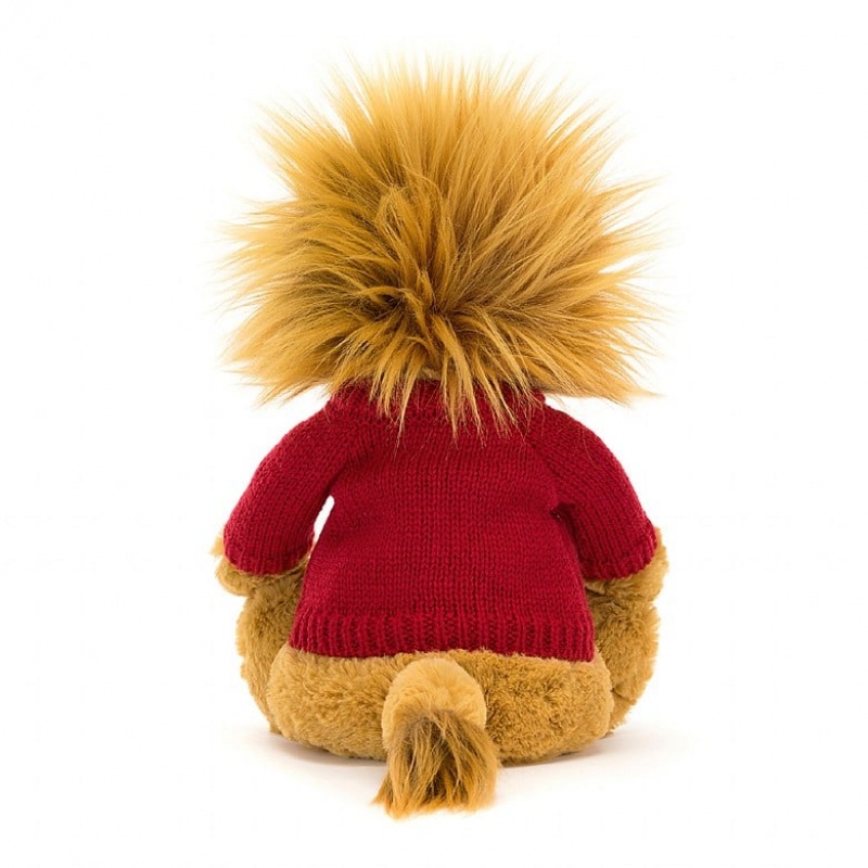 Medium Jellycat Bashful Lion with Personalised Red Jumper Clearance Sale | 74PSZFCNJ