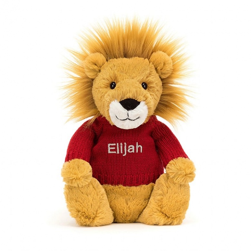 Medium Jellycat Bashful Lion with Personalised Red Jumper Clearance Sale | 74PSZFCNJ