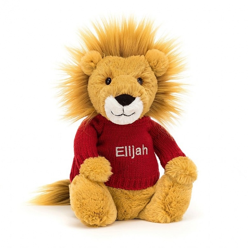 Medium Jellycat Bashful Lion with Personalised Red Jumper Clearance Sale | 74PSZFCNJ