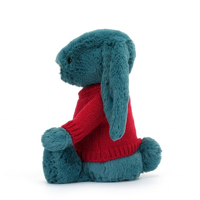 Medium Jellycat Bashful Mineral Blue Bunny with Personalised Red Jumper USA | 54JYEUNDC