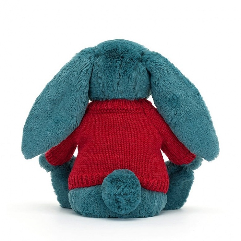 Medium Jellycat Bashful Mineral Blue Bunny with Personalised Red Jumper USA | 54JYEUNDC