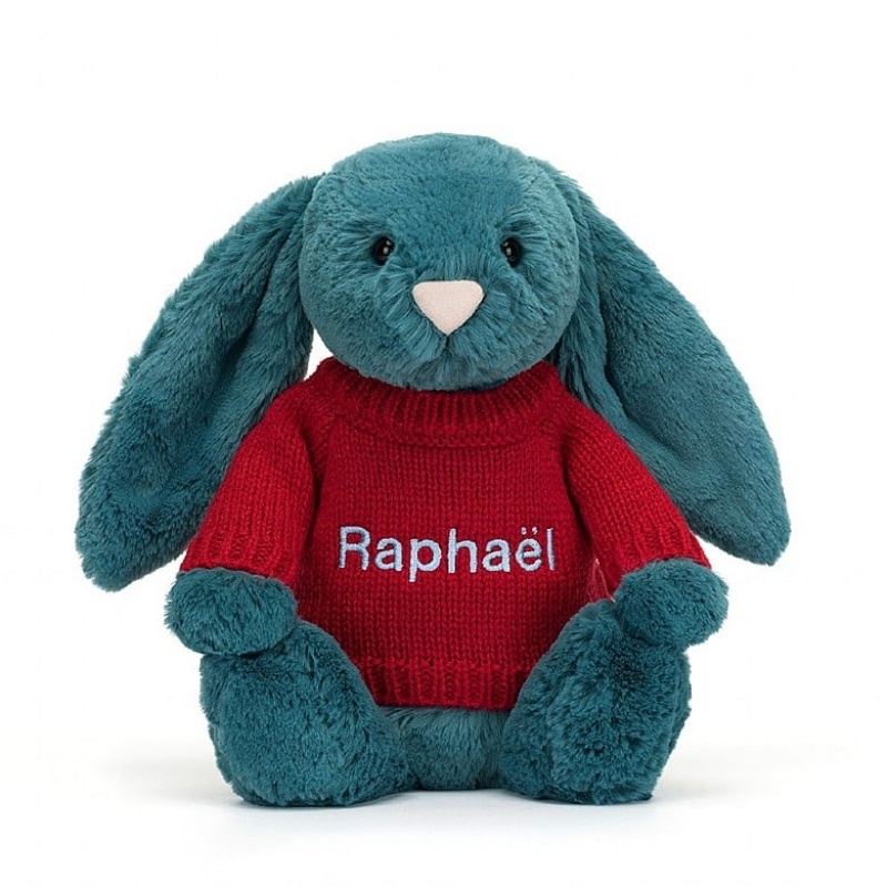 Medium Jellycat Bashful Mineral Blue Bunny with Personalised Red Jumper USA | 54JYEUNDC