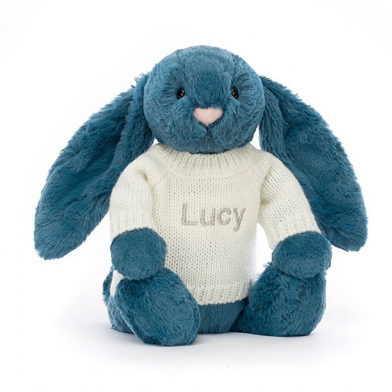 Medium Jellycat Bashful Mineral Blue Bunny with Personalised Cream Jumper USA | 54VGODEHB