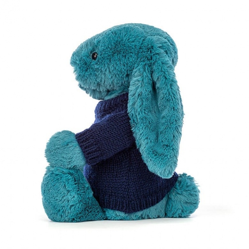 Medium Jellycat Bashful Mineral Blue Bunny with Personalised Navy Jumper Clearance Sale | 74RZLBQVO