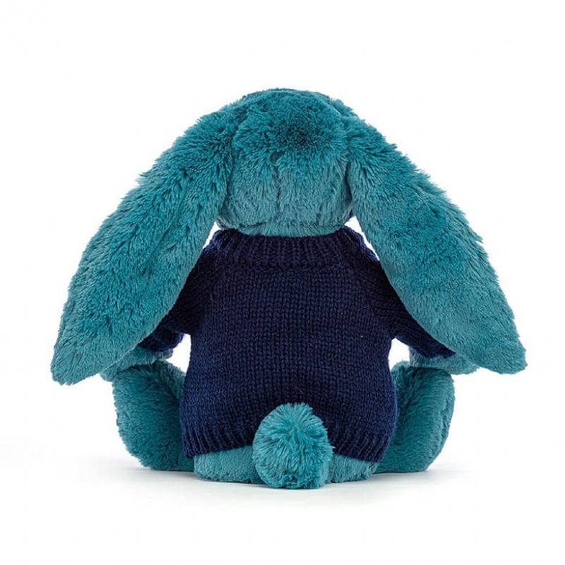 Medium Jellycat Bashful Mineral Blue Bunny with Personalised Navy Jumper Clearance Sale | 74RZLBQVO