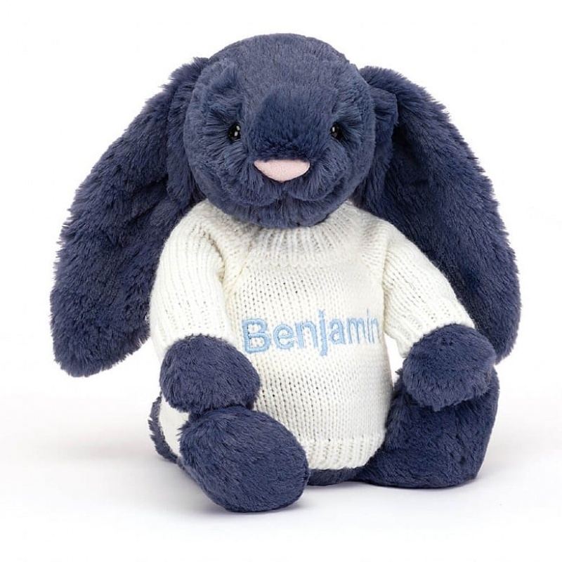 Medium Jellycat Bashful Navy Bunny with Personalised Cream Jumper Outlet | 23DATZRLV