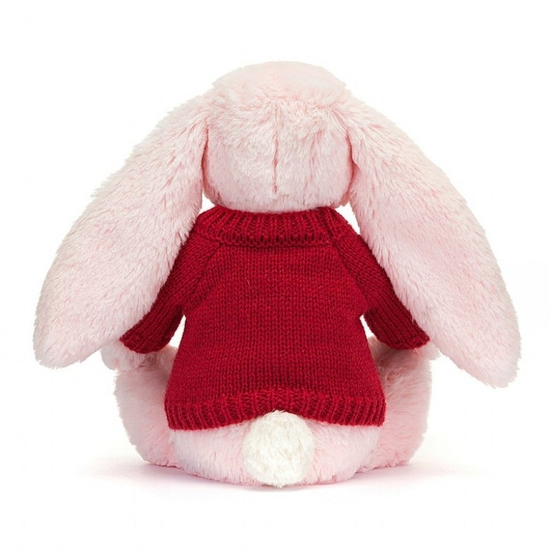 Medium Jellycat Bashful Pink Bunny with Personalised Red Jumper Clearance Sale | 72LNQHVZD