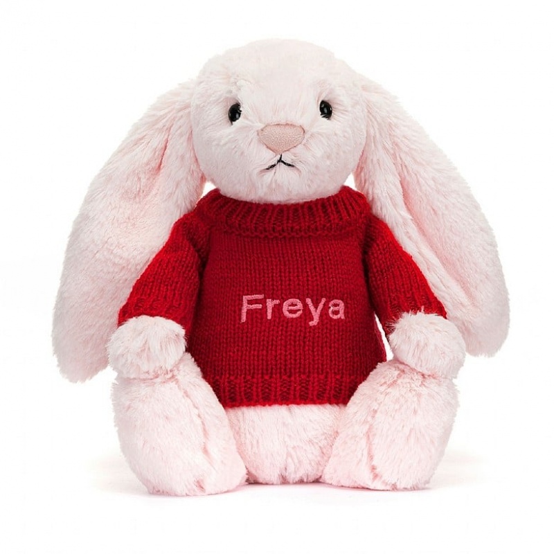 Medium Jellycat Bashful Pink Bunny with Personalised Red Jumper Clearance Sale | 72LNQHVZD