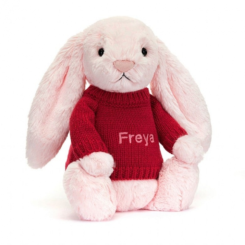 Medium Jellycat Bashful Pink Bunny with Personalised Red Jumper Clearance Sale | 72LNQHVZD