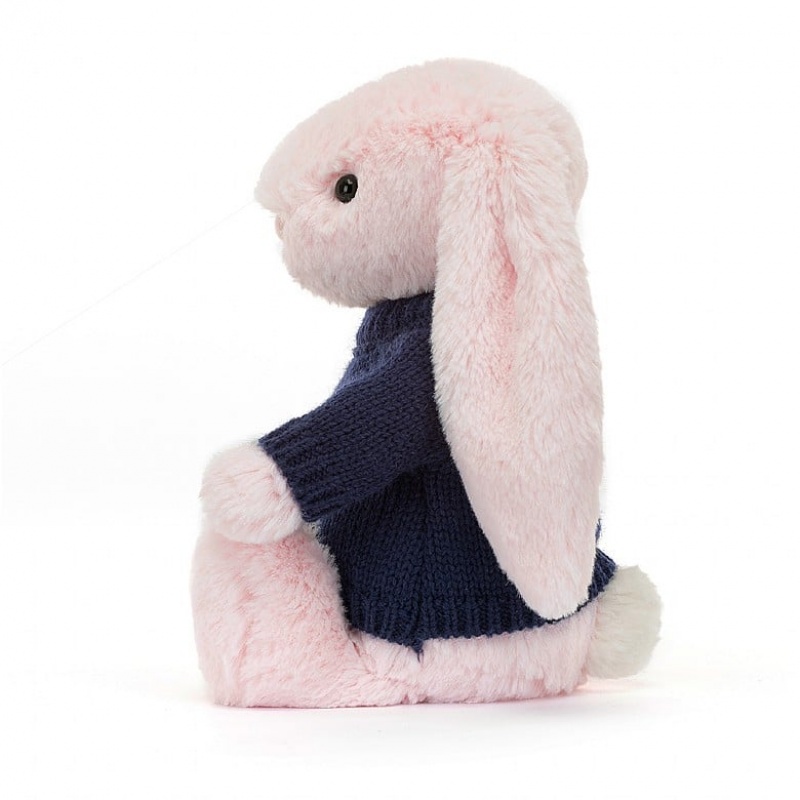 Medium Jellycat Bashful Pink Bunny with Personalised Navy Jumper | 80AQKNTJW