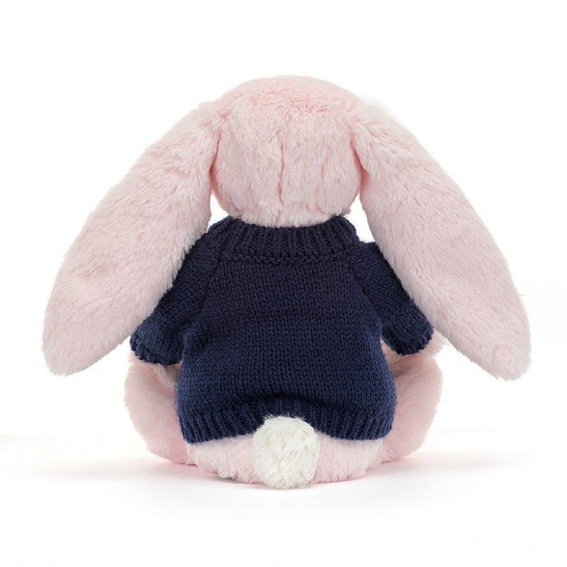 Medium Jellycat Bashful Pink Bunny with Personalised Navy Jumper | 80AQKNTJW