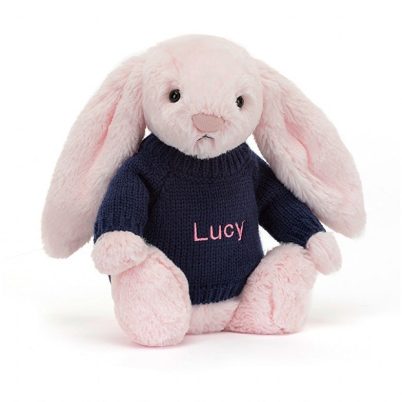 Medium Jellycat Bashful Pink Bunny with Personalised Navy Jumper | 80AQKNTJW