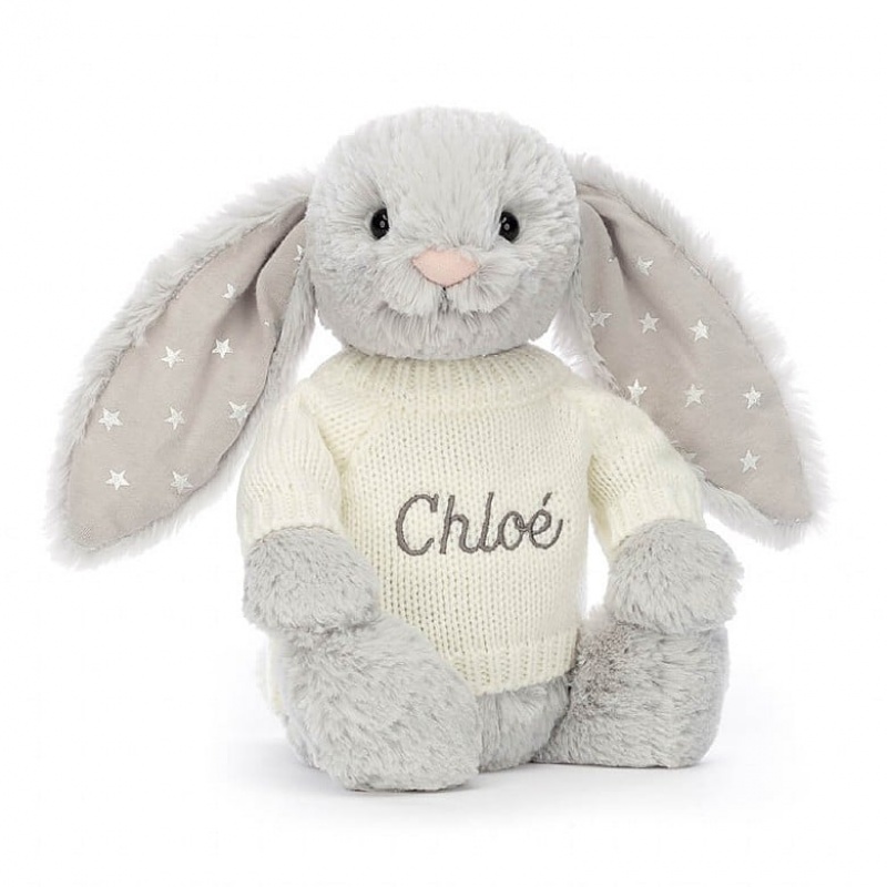 Medium Jellycat Bashful Shimmer Bunny with Personalised Cream Jumper | 16TFRMEYQ