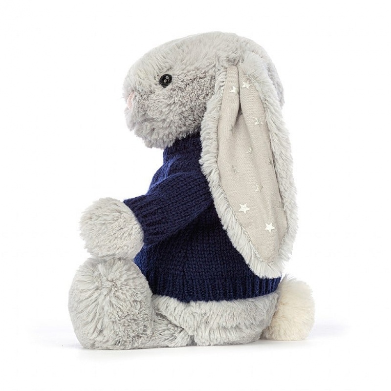 Medium Jellycat Bashful Shimmer Bunny with Personalised Navy Jumper | 13ZFOAVMC