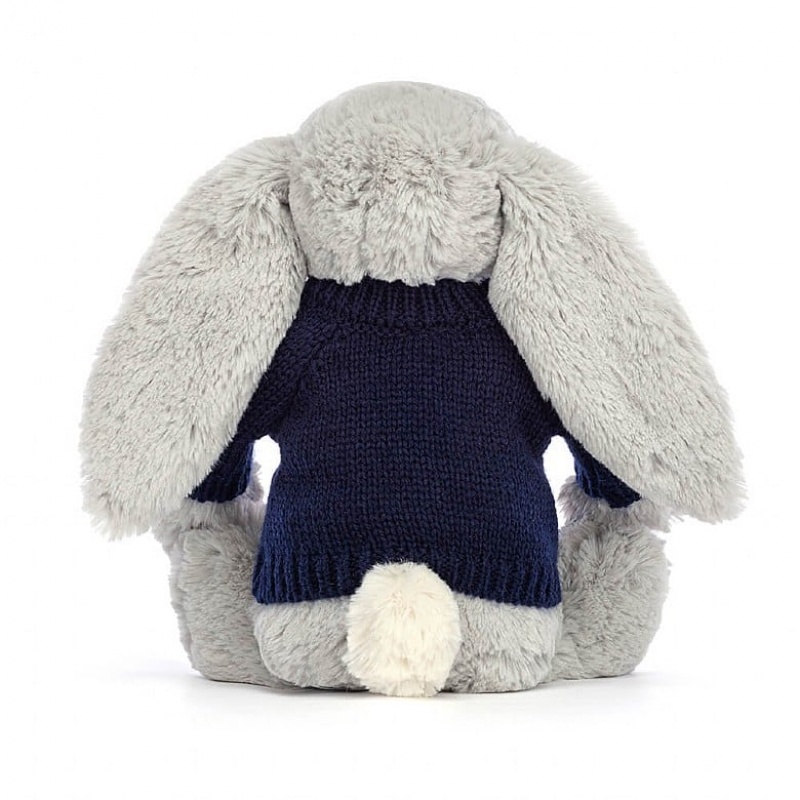 Medium Jellycat Bashful Shimmer Bunny with Personalised Navy Jumper | 13ZFOAVMC