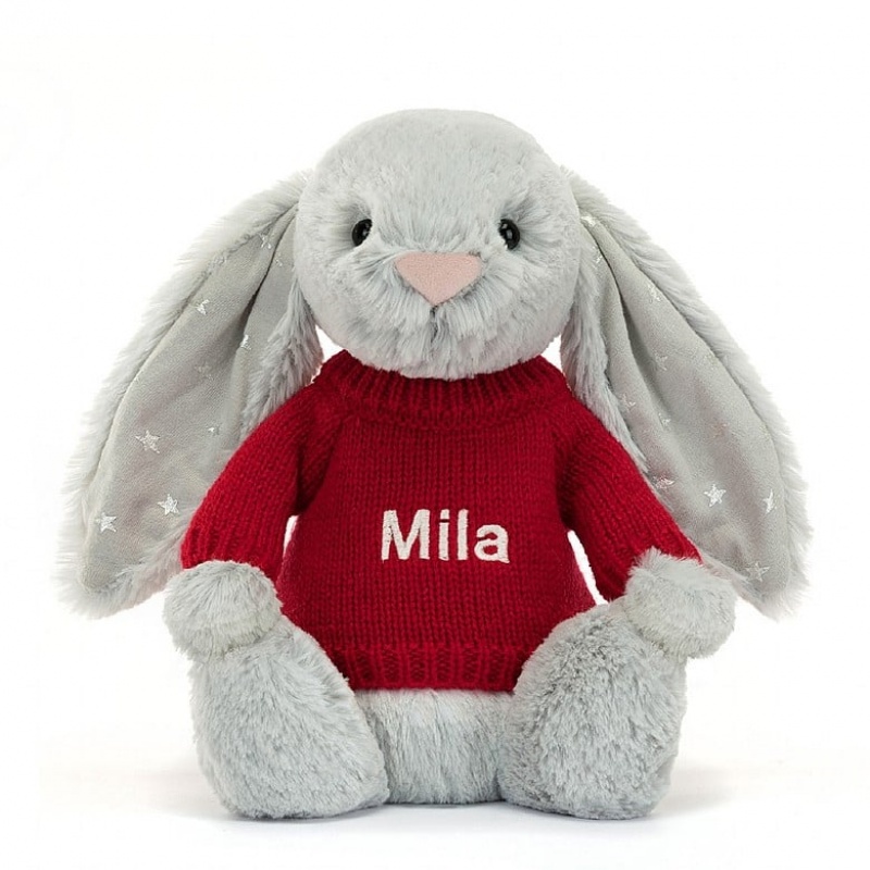 Medium Jellycat Bashful Shimmer Bunny with Personalised Red Jumper USA | 52PDEWXAI