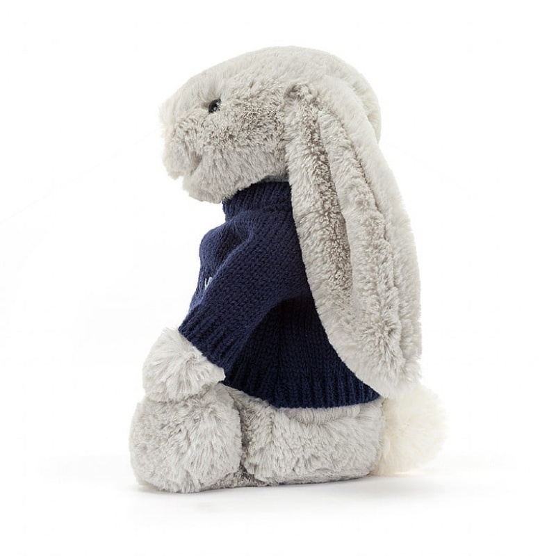 Medium Jellycat Bashful Silver Bunny with Personalised Navy Jumper Outlet | 24AYULZFE