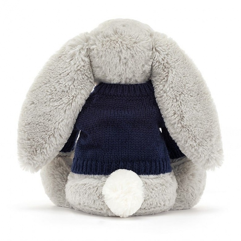 Medium Jellycat Bashful Silver Bunny with Personalised Navy Jumper Outlet | 24AYULZFE