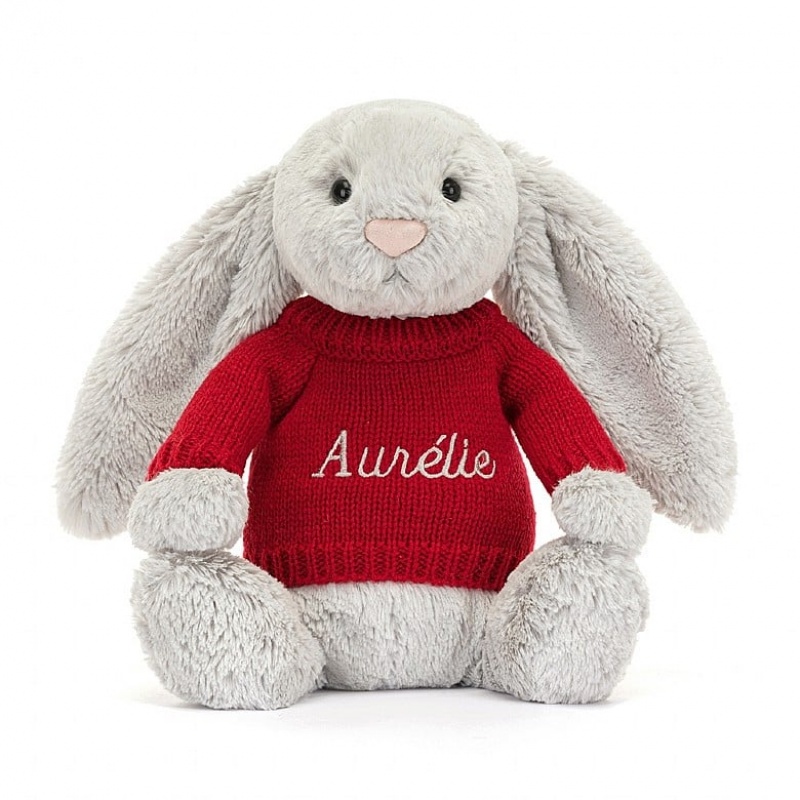 Medium Jellycat Bashful Silver Bunny with Personalised Red Jumper | 13NYTQXPS