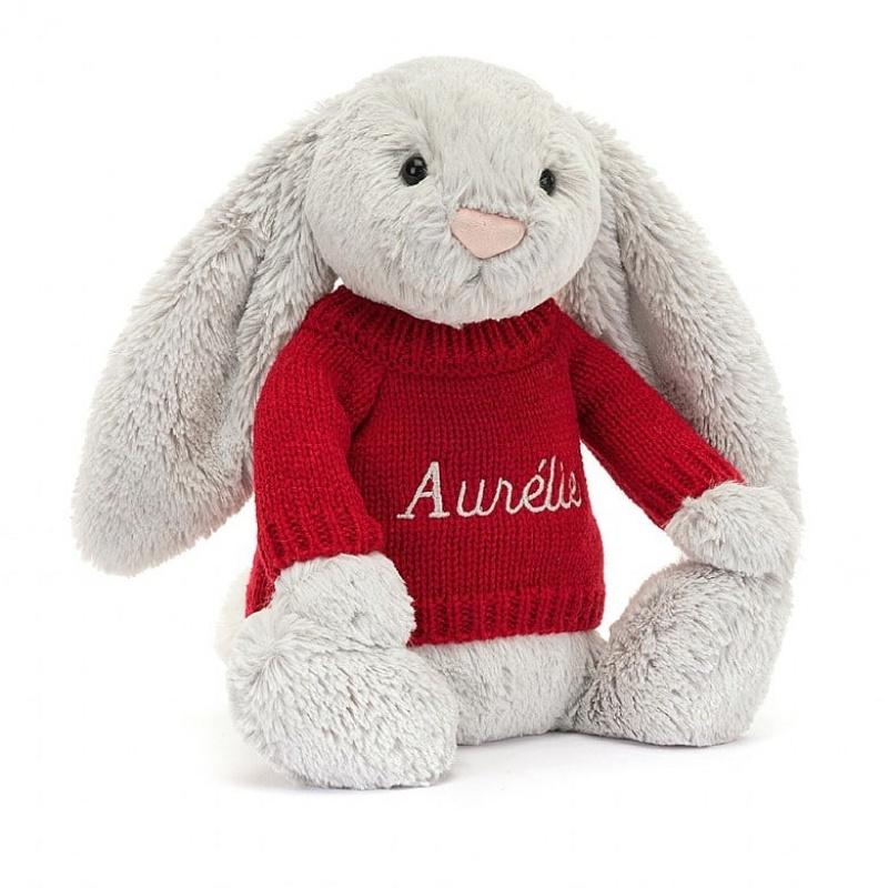 Medium Jellycat Bashful Silver Bunny with Personalised Red Jumper | 13NYTQXPS