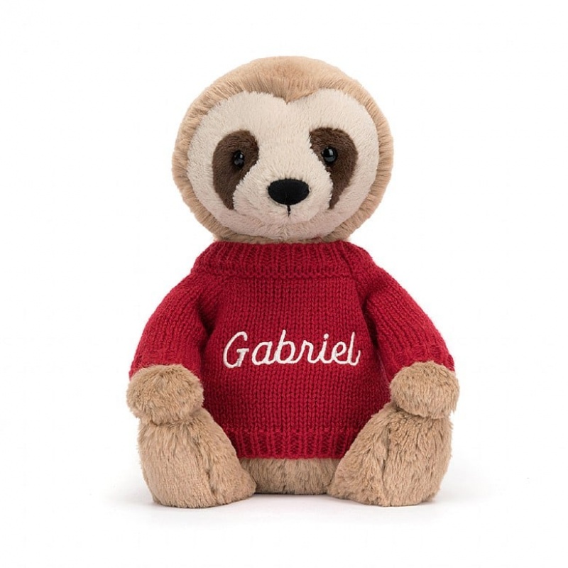 Medium Jellycat Bashful Sloth with Personalised Red Jumper | 12QFWISBP