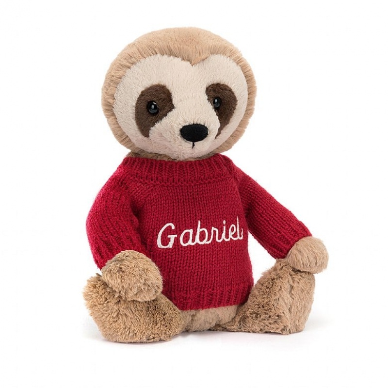 Medium Jellycat Bashful Sloth with Personalised Red Jumper | 12QFWISBP